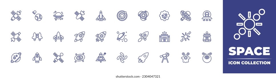 Space line icon collection. Editable stroke. Vector illustration. Containing satellite, space, space shuttle, astronomy, vortex, meteorite, station, ufo, jetpack, rocket, planets, center.