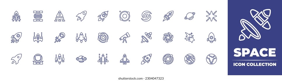 Space line icon collection. Editable stroke. Vector illustration. Containing space shuttle, space station, spaceship, space rocket launch, solar system, vortex, rocket, saturn, supernova, shuttle.