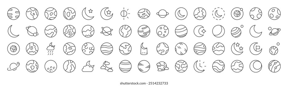 Space Line Icon Pack. Modern Collection for Design, Web Sites, Apps, Cards. Contains Linear Images of Various Planets