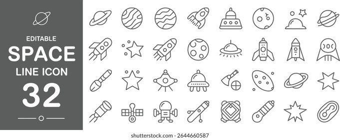 Space line icon set featuring planets rockets and stars