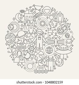 Space Line Icons Circle. Vector Illustration of Universe Outline Objects.