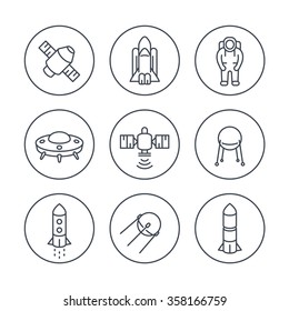 Space Line Icons In Circles, Satellite, Astronaut, Space Shuttle, Spaceship, Rocket, Vector Illustration