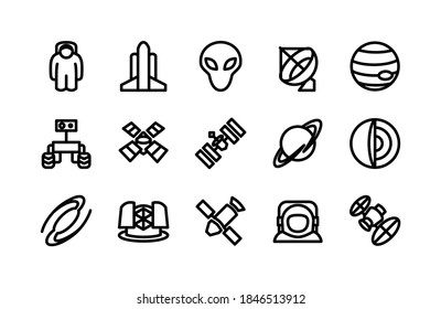 Space Line Icons Including Astronaut, Rocket, Alien, Satellite, Jupiter, Rover, Satellite, Spacecraft, Planet, Planets, Galaxy, Observatory, Satellite, Astronaut, Spacecraft