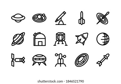 Space Line Icons Including Ufo, Solar System, Telescope, Rocket, Black Hole, Saturn, Observatory, Moon Lander, Spacecraft, Earth, Telescope, Ufo, Moon Lander, Disc, Rocket