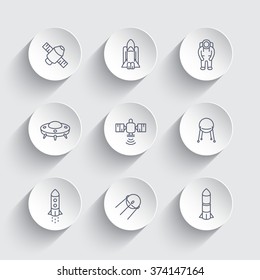 space line icons on round 3d shapes, satellite, astronaut, space shuttle, spaceship, rocket, vector illustration