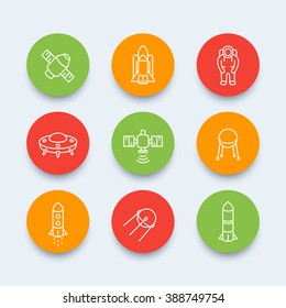 space line icons, satellite, astronaut, space shuttle, spaceship, spacecraft, space pictograms, round icons, vector illustration