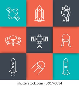 space line icons, satellite, space shuttle, spaceship, rocket, spacesuit, astronaut, vector illustration