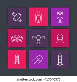 space line icons, satellite, spaceship, astronaut, space shuttle, spacecraft, color square icons set, vector illustration