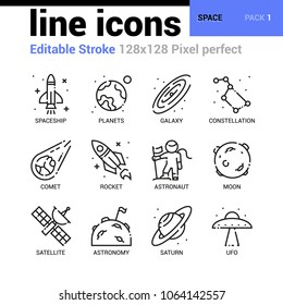 Space line icons set - Editable Stroke, Pixel perfect thin line vector icons for web design and website application. 