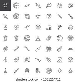Space line icons set. linear style symbols collection, outline signs pack. vector graphics. Set includes icons as Solar system planets, ufo, comet, meteor, galaxy, black hole, astronaut, space suit