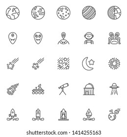 Space line icons set. linear style symbols collection, outline signs pack. vector graphics. Set includes icons as Planet earth, Solar System, Full moon, alien, Spaceman,  Space shuttle flying, ufo fly