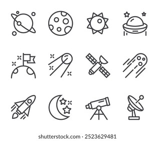Iconos de línea espacial. Conjunto de símbolos de contorno, Elementos gráficos simples, colección de pictogramas negros de estilo lineal moderno. Conjunto de iconos de línea de Vector