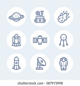 Space line icons set over white, comet, astronaut, satellite, space probe, shuttle, rocket, planet with asteroid belt, radio telescope