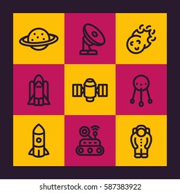 Space line icons set, planet, radio telescope, comet, astronaut, satellite, space probe, shuttle, spacesuit, vector illustration