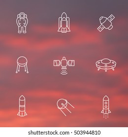 space line icons set, satellite, astronaut, shuttle, spaceship, vector illustration
