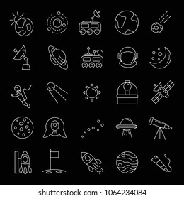 Space line icons vector set. Collection of space objects with astrunaut, planet and sun on black background.