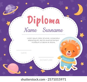 Space Lion Animal in Spacesuit Diploma Design Vector Template