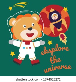 Space lion or astronaut in a space suit with cartoon style. Can be used for t-shirt print, kids wear fashion design, invitation card. fabric, textile, nursery wallpaper, poster and other decoration.