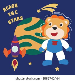Space lion or astronaut in a space suit with cartoon style. Creative vector childish background for fabric, textile, nursery wallpaper, poster, card, brochure. and other decoration.