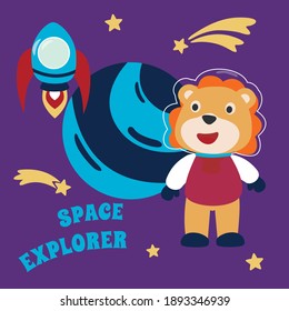 Space lion or astronaut in a space suit with cartoon style. Creative vector childish background for fabric, textile, nursery wallpaper, poster, card, brochure. and other decoration.