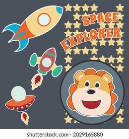 Space lion or astronaut in a space suit with cartoon style. Can be used for t-shirt print, kids wear fashion design, invitation card. fabric, textile, nursery wallpaper, poster and other decoration.