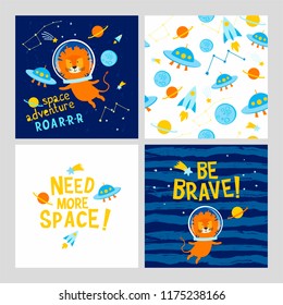 Space lion collection of cute illustration cards and seamless pattern