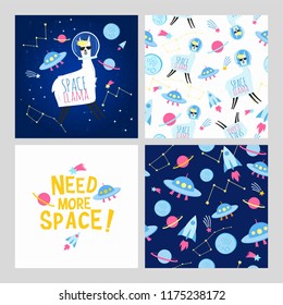 Space llama and alpaca collection of cute illustration cards and seamless pattern
