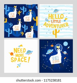 Space llama and alpaca collection of cute illustration cards and seamless pattern