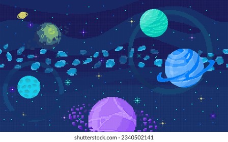 Space location in pixel art. Background of planet. Crater landscape with mountains, planet and stars. Pixelated position for game or application. 8 bit video game. Galaxy blue area with few planets