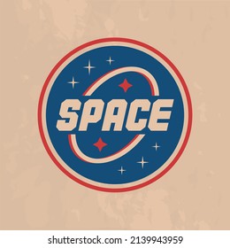 Space logo. 1970's Retro logo. Trendy hipster design. Circle Galaxy emblem with stars. Vector Print for T-shirt, typography.