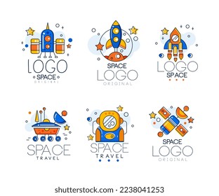 Space Logo with Astronaut, Rocket and Satellite with Planets Line Vector Set