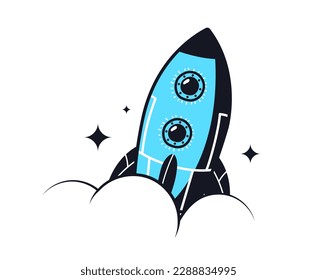 Konzept des Weltraumlogos. Rakete auf Sternhintergrund. Weltraumforschung, Kolonisierung und Science Fiction. Reisen und Abenteuer. Poster oder Banner. Cartoon-Flavektor-Vektorgrafik