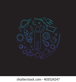 Space logo. Cosmos elements. Space and universe elements arranged in a circle with cosmos sign. Planets, stars, human, rocket ship, sun, meteor, comet, ufo, satellite, moon. Vector line art.