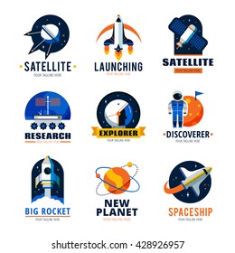 Space Logo Emblems Set  With Satellite Ship And New Planet Discoverer Vector Illustration