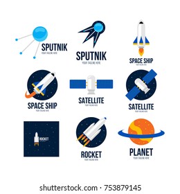 Space logo emblems set with satellite ship and new planet discoverer vector illustration