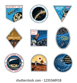 Space logo. Exploration of the astronomical galaxy. Mission Mars. Astronaut or spaceman adventure. Planets and satellites badge emblem patch sticker. engraved hand drawn Vintage sketch.