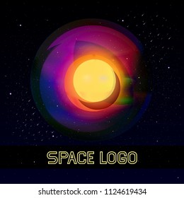 Space logo in the form of a glass sphere. Vector. A starry night sky. Small meteorites in the distance.