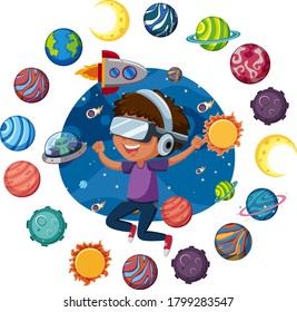 Space logo with kids wearing virtual reality headset and many planets in circle shape  illustration