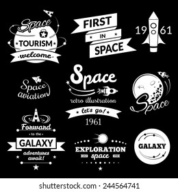 Space logo and label set, typography design, retro vector illustration