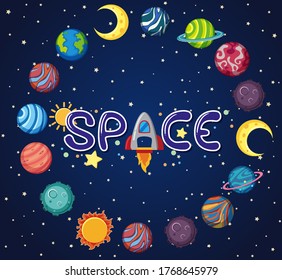 Space logo with many planets in circle shape  illustration
