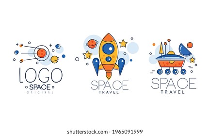 Space Logo Original Design Set, Astronautics Labels, Cosmos, Spacecraft, Astronaut Badges Vector Illustration