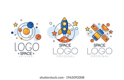 Space Logo Original Design Set, Cosmos, Spacecraft, Astronaut Badges Vector Illustration