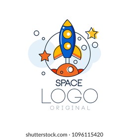 Space logo original, exploration of space label with rocket vector Illustration on a white background