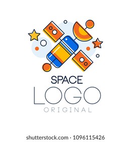 Space logo original, exploration of space label with satellite vector Illustration on a white background