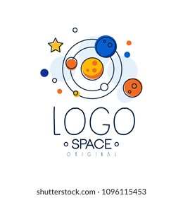 Space logo original, exploration of space label with solar system vector Illustration on a white background