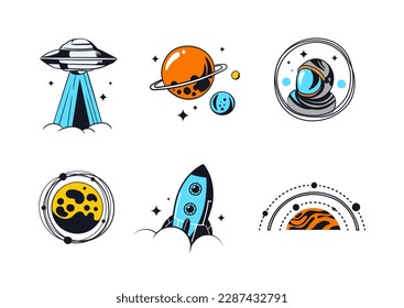 Space logo set. Collection of stickers for social networks. Rocket and planets, asteroids and comets, astronaut. Astrology and astronomy. Cartoon flat vector illustrations isolated on white background