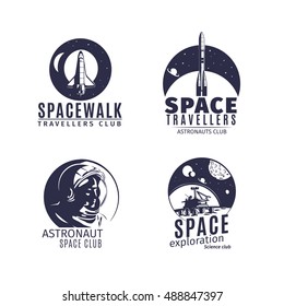 Space Logo Set In Retro Style. Vintage Astronautics Labels And Badges With Astronaut, Space Rocket And Helmet. Vector Illustration