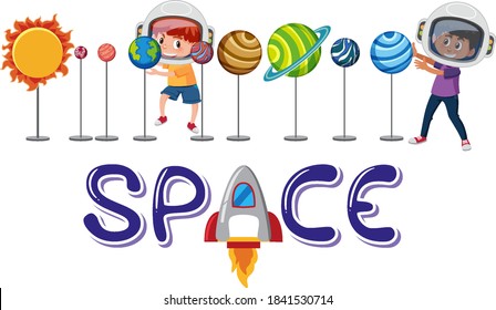 Space logo with two kids and solar system planet models isolated illustration