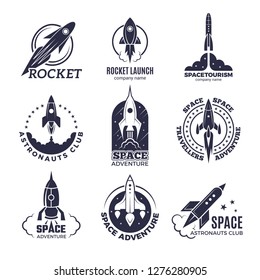 Space logotypes. Rockets and flight shuttle moon discovery business retro badges vector monochrome pictures
