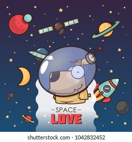 Space love. Card with vector animal character.